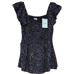 Japna Black and White Speckled Smocked Blouse Short Sleeve Size Small